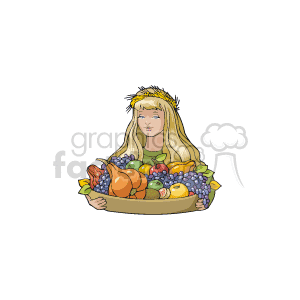 The clipart image depicts a lady holding a basket full of various fruits including grapes, apples, and possibly a pumpkin, suggestive of an abundant harvest, which is often associated with Thanksgiving themes.