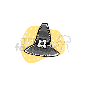 The clipart image depicts a stylized grey and black Pilgrim hat often associated with Thanksgiving in the United States. The background has a fall-themed yellow speckled pattern, suggestive of the autumn season in November when Thanksgiving is celebrated.