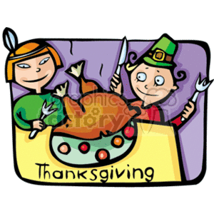 The clipart image depicts two cartoon characters, one dressed as a Native American and the other as a pilgrim, smiling and holding utensils near a cooked turkey on a platter in celebration of Thanksgiving. The image is colorful and has a festive feel with the word Thanksgiving written below the characters.