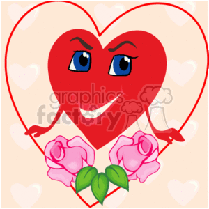 The image depicts a whimsical and playful anthropomorphic heart with a face, implying happiness and silliness. The heart is red and stylized with eyes and a wide smile. In its 'arms,' the heart is holding two pink roses with green leaves. The background is adorned with faint, smaller hearts, enhancing the Valentine's Day theme.