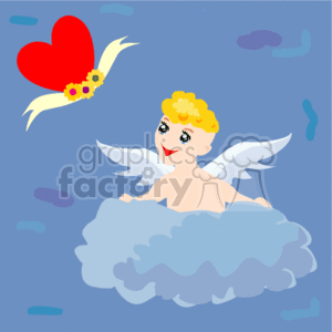   The clipart image depicts a cupid or angel with golden hair, white wings, and a cheerful expression, emerging from a fluffy, white cloud against a blue sky with lighter blue accents. The cupid is accompanied by a large, red heart with a golden border and a small cluster of what appear to be flowers, giving the impression of the heart being delivered or shot like an arrow, symbolizing love. This image is evocative of Valentine
