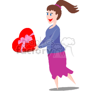 A Woman in a Blue Shirt Holding a Large Red Heart Box of Chocolates