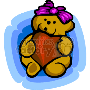   The clipart image features a cute teddy bear with a purple bow on its head, holding and hugging a large red heart. The bear appears to be a soft toy, often associated with love and affection, making it suitable for themes related to holidays, particularly Valentine