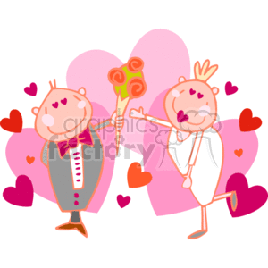   This clipart image depicts two cartoon-like figures with a romantic theme. One figure, styled as a male, is wearing a suit and holding a bouquet of flowers. The other figure, styled as a female, has a crown-like element on her head and is reaching out to the male figure, possibly to receive the flowers. Both are surrounded by a background of pink and red hearts in various sizes, suggesting a romantic or Valentine