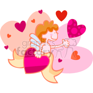   This clipart image features a depiction of a cherubic figure, commonly associated with Cupid or an angel, surrounded by various pink and red hearts. The figure has wings, suggesting the role as a messenger or symbol of love, which is in keeping with the theme of Valentine