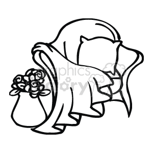   This is a black and white clipart image depicting a sofa with a pillow and armrest. The sofa appears to be decorated with a bouquet of flowers, possibly to represent a romantic setting in the spirit of Valentine