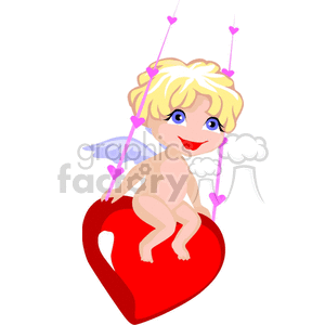 A cute angel sitting on a red heart-shaped swing, surrounded by pink heart accents, conveying a theme of love and romance.