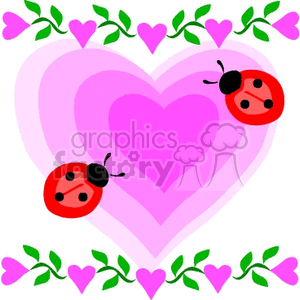 A romantic Valentine's Day clipart featuring pink hearts, green vines, and ladybugs.