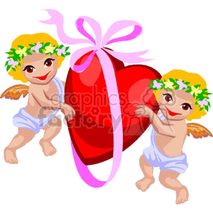 two baby angels holding a heart with pink bow