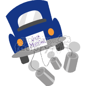 This clipart image displays the back of a blue car with a Just Married sign attached to the rear. The car is decorated with a traditional wedding touch: a string of tin cans tied to the back, symbolizing the newlyweds' departure and celebration.