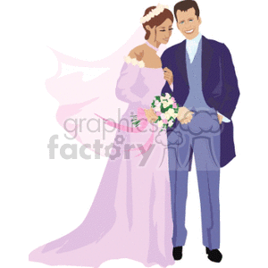 Clipart image of a bride and groom. The bride is wearing a pink gown and veil, holding a bouquet, while the groom is in a blue suit.