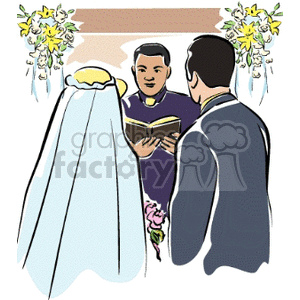 Clipart image of a wedding ceremony with a bride and groom standing before an officiant.