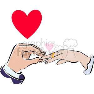 Clipart image of a groom placing a wedding ring on the bride's finger, with two hearts in the background.