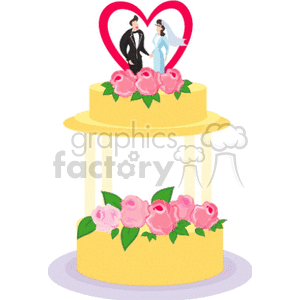 Clipart image of a two-tiered wedding cake with pink roses, topped with a bride and groom figurine and a heart shape.