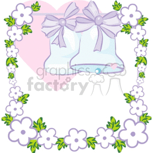 A clipart image featuring two wedding bells adorned with bows, set against a heart background. The bells are framed by a border of purple and white flowers with green leaves.