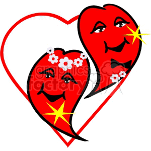 Clipart illustration of two smiling red hearts with facial features, adorned with flowers and a bow tie, within a larger heart outline, symbolizing love and marriage.