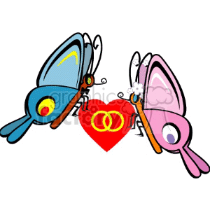 Illustration of two butterflies facing each other with a red heart and interlocking wedding rings between them.