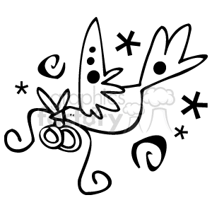   The clipart image depicts a stylized bird with a whimsical design, holding a pair of wedding rings joined by a ribbon. The bird appears to be in mid-flight and is surrounded by decorative stars and swirls. The overall design has a playful and celebratory feel, often associated with events like weddings or parties. 