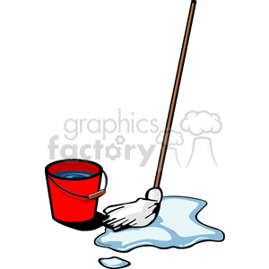 A clipart image depicting a red mop bucket filled with water next to a mop, with water spilled on the floor.