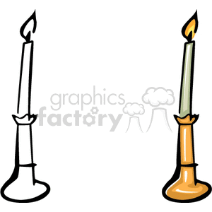 Clipart of two candles with flames, one colored and one in black and white, in holders.