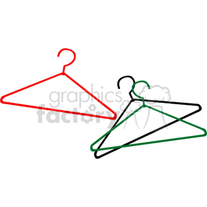 Clipart image of three clothes hangers in red, black, and green colors.