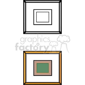 Two clipart images of picture frames. The top frame is black with a simple, modern design. The bottom frame is gold with a more ornate appearance, featuring layered colors inside.