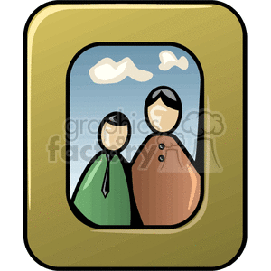 Clipart of a framed family photo with two abstract figures against a sky background.