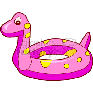 A colorful inflatable pool raft in the shape of a pink dinosaur with yellow spots, designed as a swimming toy.