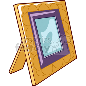 A clipart image of a decorative photo frame with a stand, featuring a golden border and a purple inner frame.