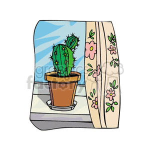 Potted Cactus on Windowsill with Floral Curtain