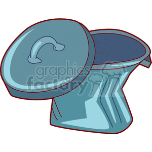 A clipart image of an open blue garbage can with a lid.