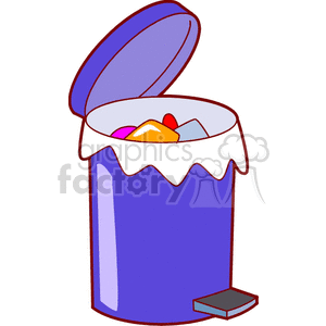 A cartoon-style image of a purple garbage can with its lid open, showing various colorful trash items inside.