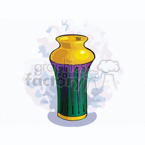 A colorful clipart of a decorative vase with a yellow top and green base, set against an abstract background.