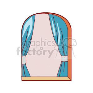 Clipart image of an arched window with blue curtains.