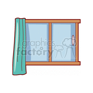 Clipart of a window with blue curtains partially drawn to the side.