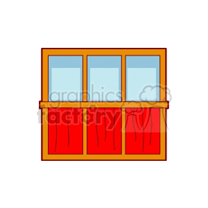 Graphic of a wooden window frame with three glass panes and red curtains.