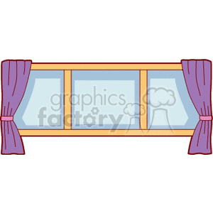 Clipart illustration of a three-pane window with purple curtains.