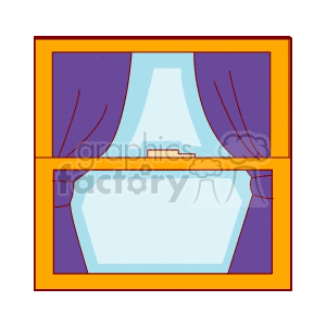 Clipart image of a window with purple curtains and a view of the outside.