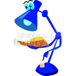 A cartoon-style blue desk lamp character reading a book and pressing a button.