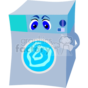 Cartoon washing machine with eyes and a hand pointing at buttons.