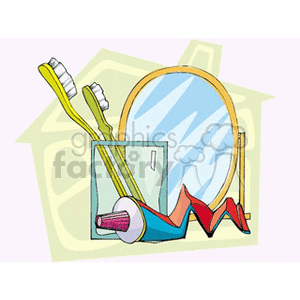 A clipart image featuring two toothbrushes, a mirror, a tube of toothpaste, and a small container.