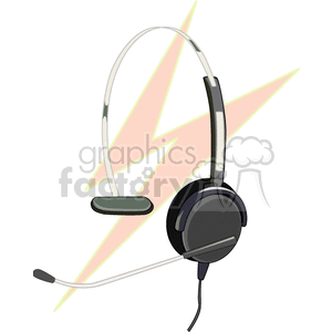 A clipart image of a black and gray headset with a microphone, set against a stylized lightning bolt background.