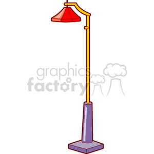 A vector illustration of a modern floor lamp with a red lampshade and a yellow stand on a purple base.