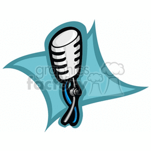 A stylized clipart image of a vintage microphone with a blue artistic background.