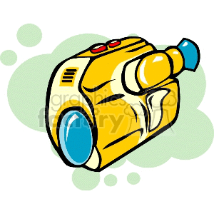 A colorful clipart image of a handheld video camera with a yellow body and blue lens against a green abstract background.