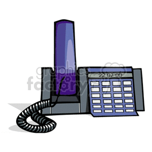 Clipart image of a digital office phone with a coiled cord and numeric keypad.