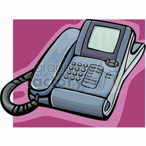 A clipart image of a landline office phone with a digital display and keypad, set against a purple background.