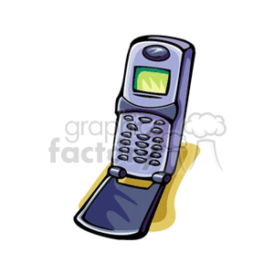 Illustration of a flip cell phone with an open keypad and small screen.