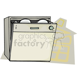 A clipart illustration of a kitchen dishwasher with its door open, showing dishes inside.