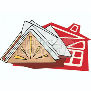 A clipart image featuring a stack of kitchen napkins in a triangular holder, placed on a flat surface with a stylized house design in the background.